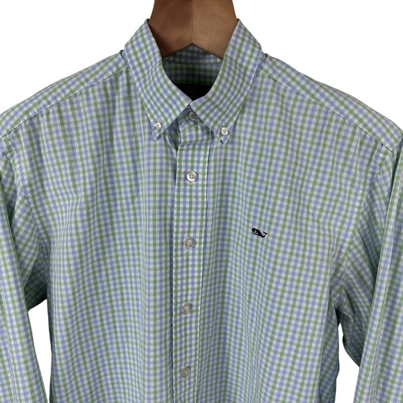 Vineyard Vines Whale Button Down Long Sleeve Shirt Check Blue Green White Mens M - Picture 2 of 9